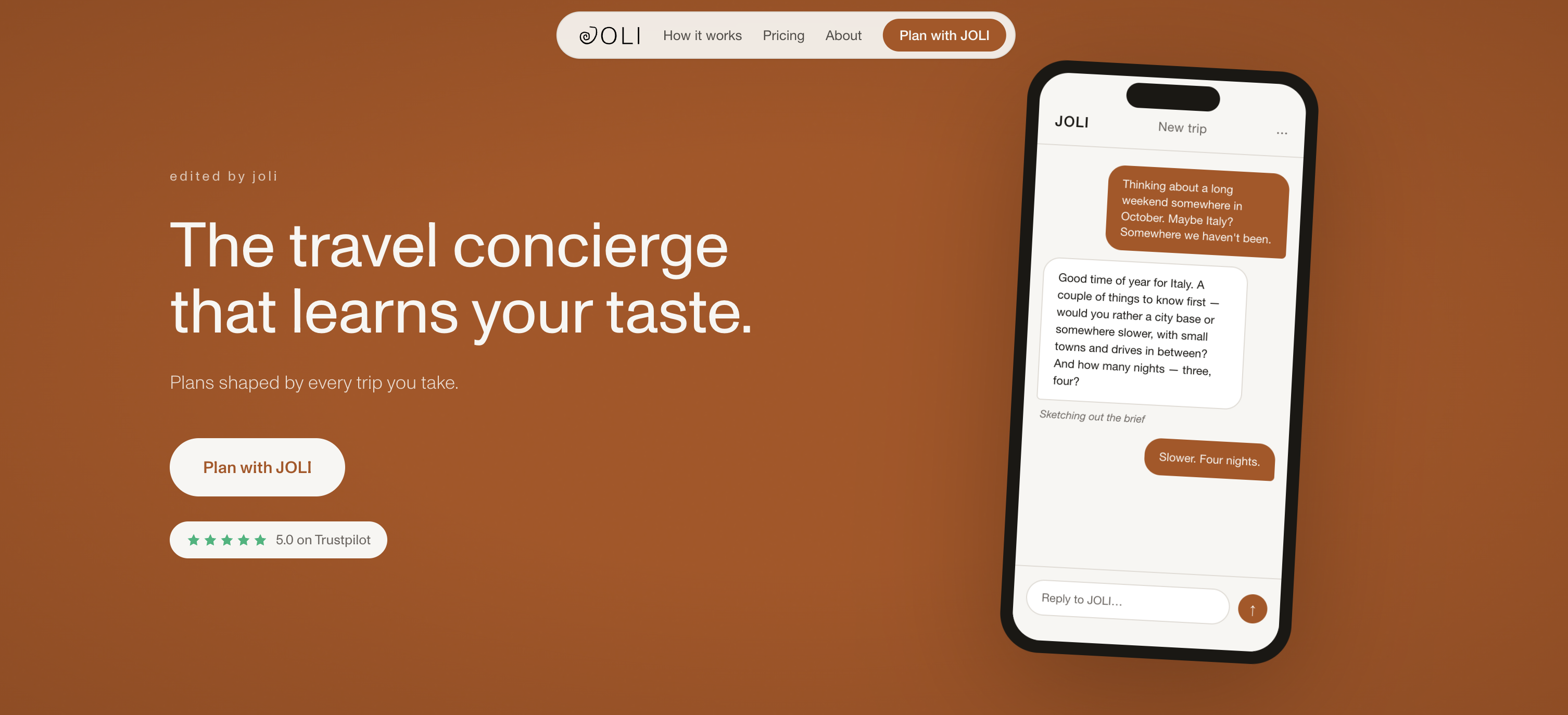 JOLI homepage - 'The travel concierge that learns your taste' with the JOLI app shown in a phone mockup.